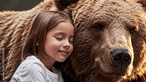 Peaceful little girl with closed eyes leaning on a large brown bear, representing a protective comfort concept and imaginative dreamscape