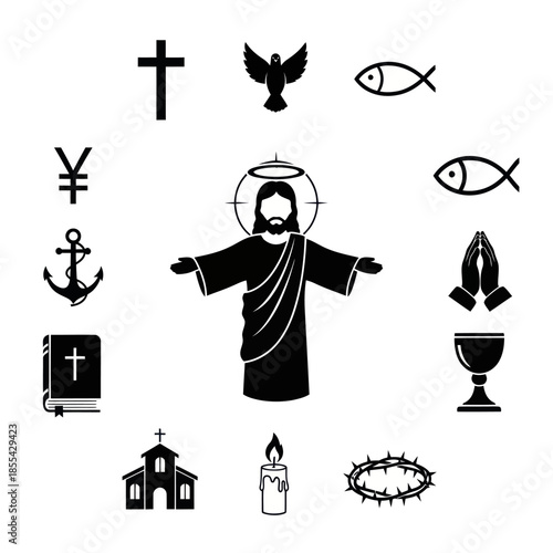 Christian Symbols and Jesus Christ Illustration Depicting Faith and Religion.