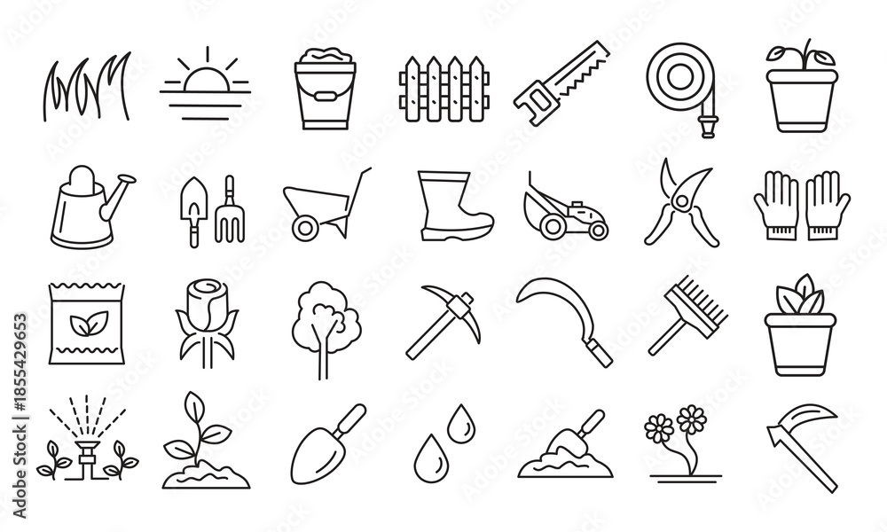 Naklejka premium Gardening and Flower Editable Stroke Outline Icons Set – Flat Vector Illustration,Garden Care and Flower Line Icons – Flat Editable Stroke Vector