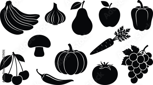 Fruit and vegetable silhouette icons set, healthy food collection with banana apple pumpkin carrot grapes, black natural produce illustration