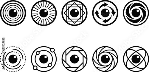 Abstract eye icons set, circular geometric symbols collection, vision iris target swirl designs isolated on white background vector illustration artwork