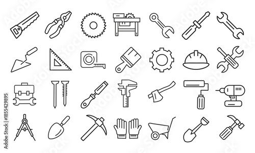 Set of Carpentry Tools Line Drawing Icons – Monochrome Vector,Woodworking Equipment Line Drawing Icons – Simple Monochrome Vector
