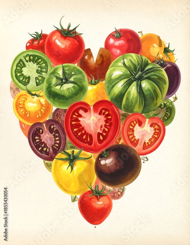 Assortment of colorful tomatoes arranged in a heart shape on paper