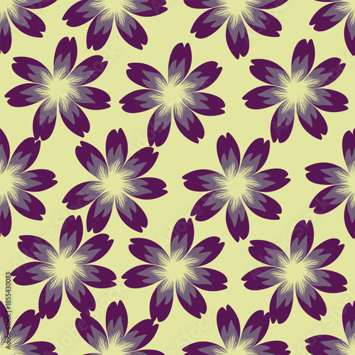 coquette seamless purple and yellow flowers pattern. Delicate petals and vibrant blossoms create an artistic and vintage botanical illustration. pastel flower seamless pattern