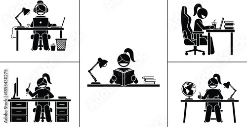 Black and white vector illustration of people studying and working at desks with books, laptops, and lamps