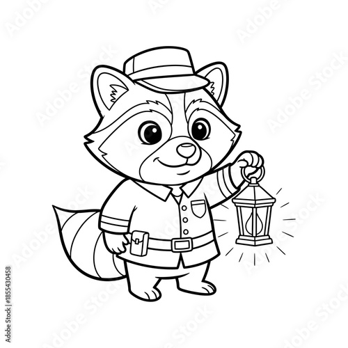 Cute Raccoon Park Ranger Holding a Lantern Coloring Page.
