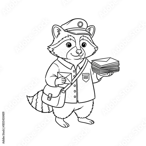 Cute Raccoon Postman Delivering Mail Coloring Page.