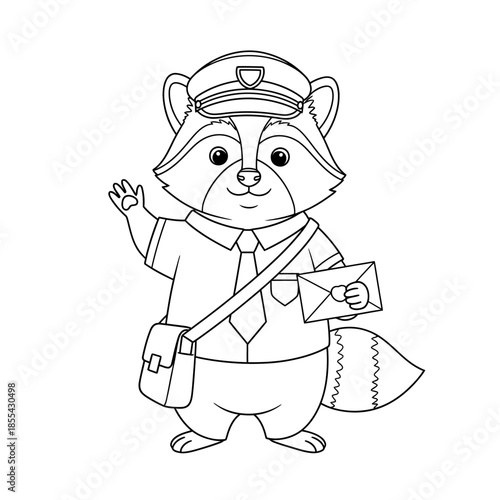 Cute Raccoon Postman Delivering Mail Coloring Page.