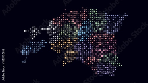 Estonia map animation. Shape of the country with pulsating colored dots. Small size square blocks. Digital style Estonia map on dark background. Simple video.