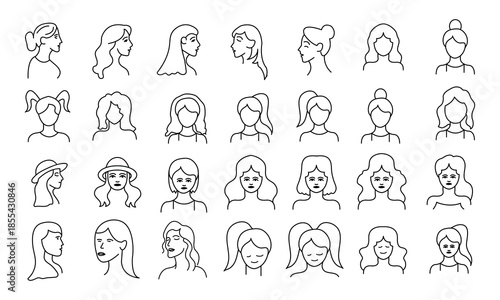 Female Head Line Icon Set – Beauty Woman Portrait Thin Line Vector Illustration,Female Avatar Line Icons Collection – Elegant Youth Woman Vector,Female Portrait Line Icon Set