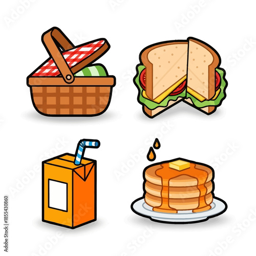 A collection of food and drink items including a picnic basket, sandwich, juice box, and pancakes with syrup.