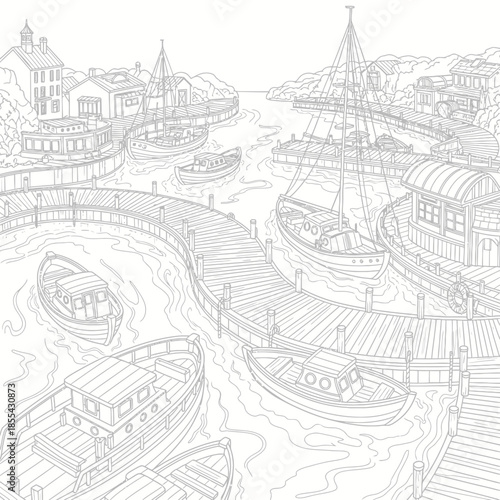 Detailed Line Art of a Bustling Harbor with Numerous Boats and Docks.