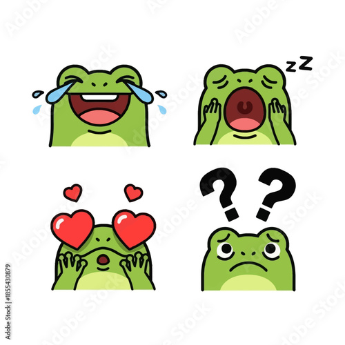 Collection of cute green frog cartoon characters showing different feelings such as joy, tiredness, affection, and bewilderment.