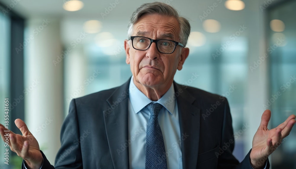 Fototapeta premium Elderly businessman with glasses shrugs with hands raised in office setting. Represents confusion doubt uncertainty or lack of knowledge about business or finance matters.