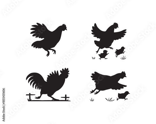 chicken silhouettes, poultry farm silhouettes, rooster silhouettes, chicken family silhouettes vector set collection