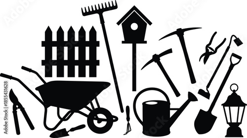 Black silhouette garden tools collection, outdoor gardening equipment icons set, fence wheelbarrow watering can birdhouse shovel rake isolated white background