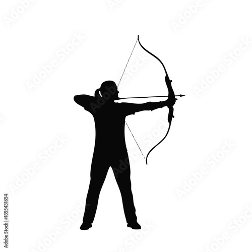 Silhouette of a person aiming a cartoon-style dragon-hunting bow and arrow in a cute, heroic pose against a clean white background.