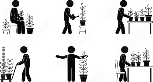 Black and white vector of person caring for potted plants, gardening activities, indoor plant care, minimal style illustrations