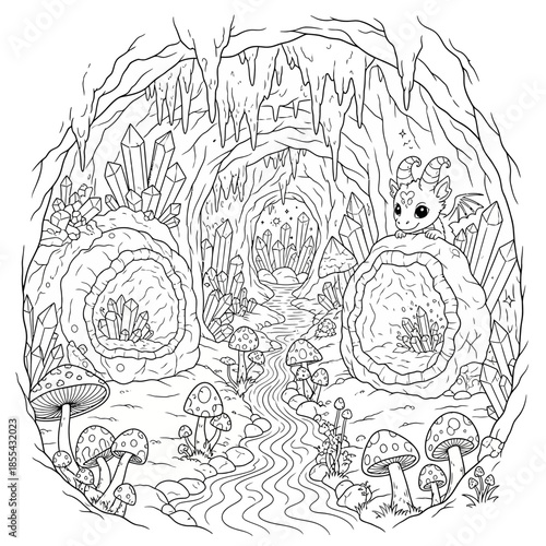 Adorable Baby Dragon Peeking from Geode in Enchanted Cave.