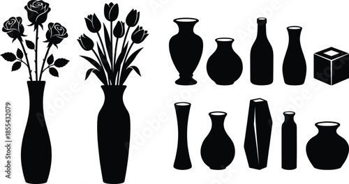 Black silhouette flower vases collection, decorative floral pots, modern home decor elements isolated on white background vector illustration minimalist design