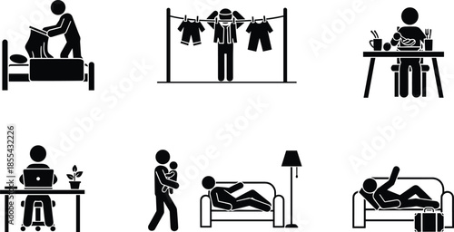 Black silhouette vector illustration of daily home activities including caregiving, chores, work, and relaxation in domestic scenes
