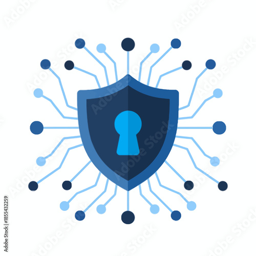 Abstract illustration of a blue shield with a keyhole, symbolizing digital security and data protection within a connected network.