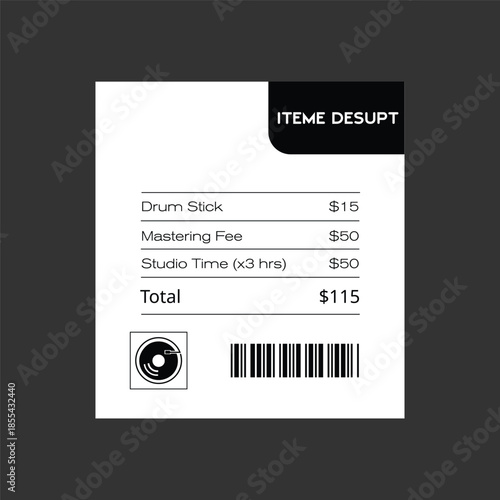 Music studio service receipt illustration with barcode and vinyl icon