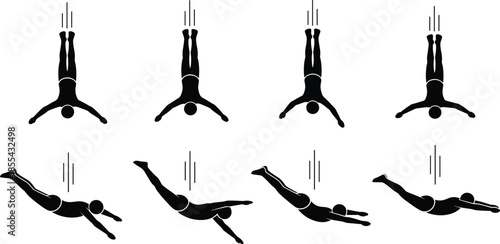 Black silhouette vector illustration of diving sequence showing human motion and posture transition during water entry