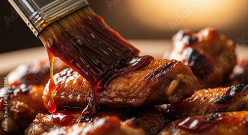 A slow-motion shot of rich, glossy BBQ sauce being brushed onto chicken wings, creating a sticky, shiny coating with beautiful light reflection.