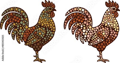 Rooster mosaic illustration set, colorful dotted chicken design, farm animal vector art, decorative folk style, isolated on white background, pattern