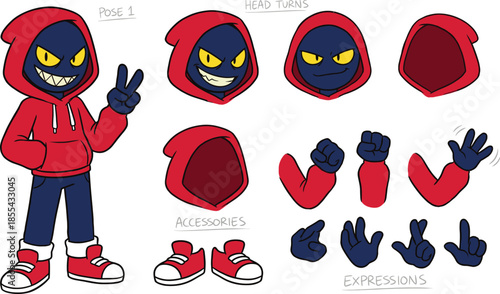 Cartoon character turnaround sheet with hoodie mascot poses expressions hands accessories animation reference sheet colorful vector illustration