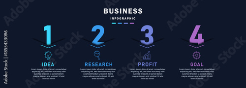 Vector Infographic arrow design with 4 options or steps. Infographics for business concept on dark background