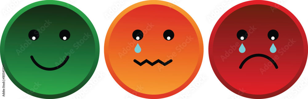 Fototapeta premium Three colorful emoji faces depicting a range of emotions from happy to sad, used for feedback or mood tracking.