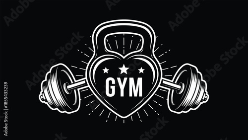 Gym fitness logo with kettlebell heart and barbell weights strength training emblem motivational workout black and white illustration