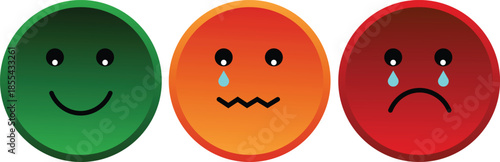 Three colorful emoji faces depicting a range of emotions from happy to sad, used for feedback or mood tracking.