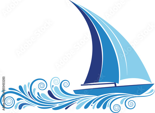 Sailboat vector illustration, blue sailing yacht on waves, nautical marine design, ocean travel concept, minimal style, isolated white background, art