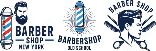 Vintage barber shop logo set with classic pole scissors razors male hairstyles old school grooming branding vector collection