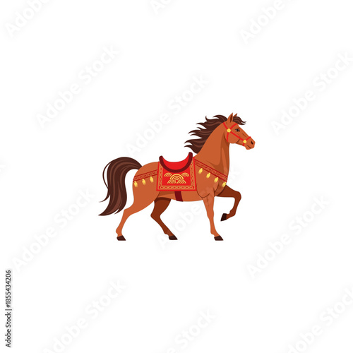 Elegant Chinese New Year Horse Illustration with Ornate Traditional Asian Saddle and Gold Red Cultural Patterns on White Background