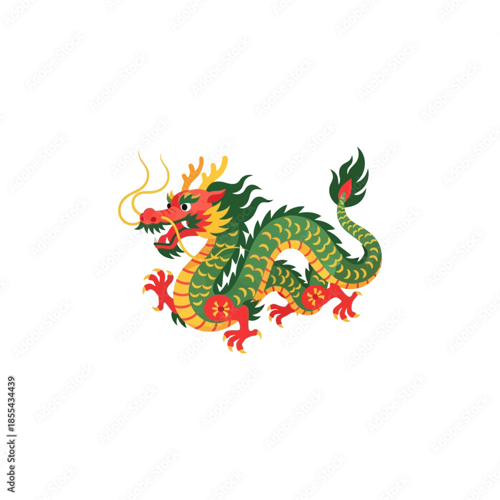 Obraz premium Vibrant Traditional Chinese Dragon Illustration, Mythical Asian Creature in Green, Red, and Gold, Isolated on White Background for Cultural Designs and Festivals