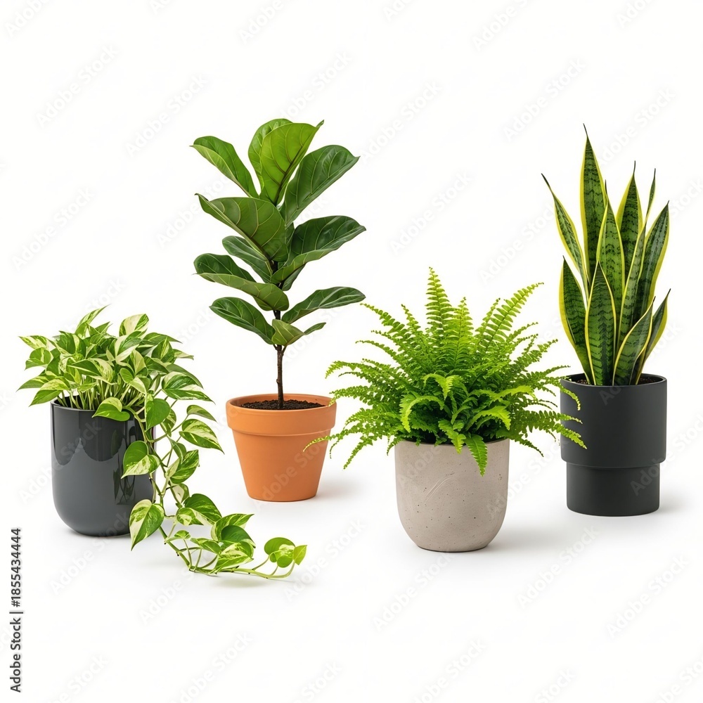 Fototapeta premium Various potted houseplants such as fiddle-leaf fig snake plant pothos and fern isolated on white for home and office decor