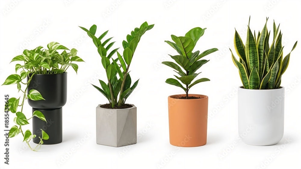 Obraz premium Collection of four diverse houseplants in modern ceramic and concrete pots perfect for home decor interior design and wellness concepts isolated on white