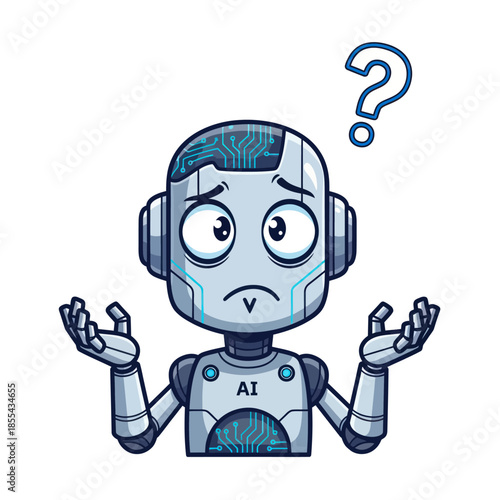 Confused AI Robot Shrugging with Question Mark Above Head.