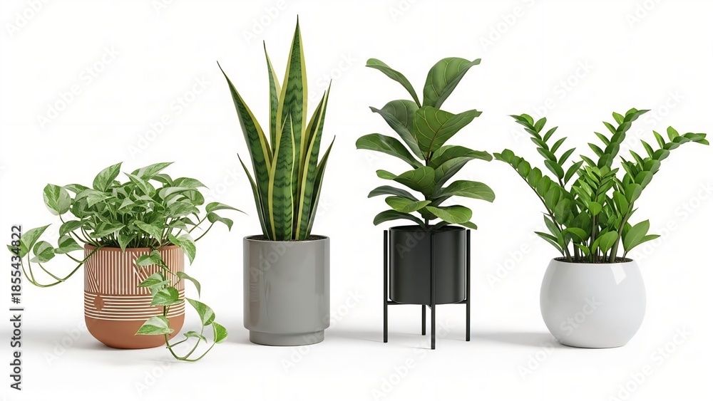 Fototapeta premium Collection of four potted houseplants including snake plant and fiddle leaf fig in modern planters perfect for home decor and interior design concepts