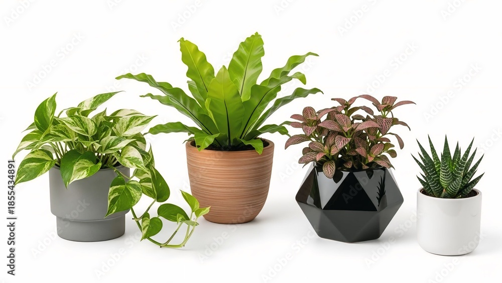 Fototapeta premium Collection of diverse houseplants in modern pots perfect for interior design home decor and lifestyle concepts isolated on white background