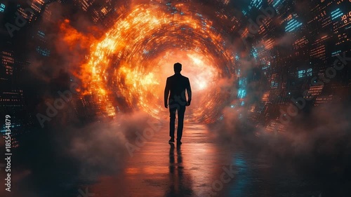 Mysterious figure approaches a fiery gateway to another dimension.