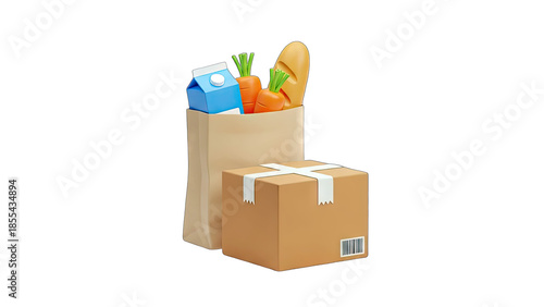 3D Grocery delivery with box and paper bag on transparent background