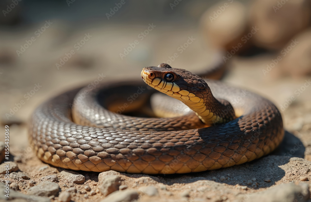 Fototapeta premium Australian eastern brown snake coiled on dry ground. Reptile flicks tongue senses surroundings. Dangerous venomous wild animal in natural habitat.