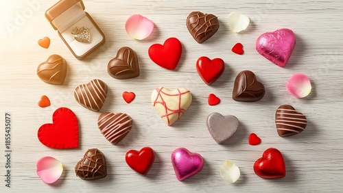 Assorted chocolate candies and hearts arranged on a white wooden surface, viewed from above, perfect for a valentines day celebration.