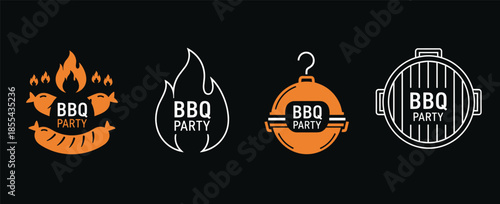 BBQ Party Logo Icons Set with Grill Flame and Smoker Designs Modern Black and Orange Barbecue Branding Illustration Collection