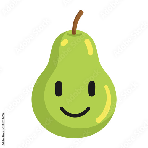 A cartoonish pear with a smiling face, rendered with simple, flat colors